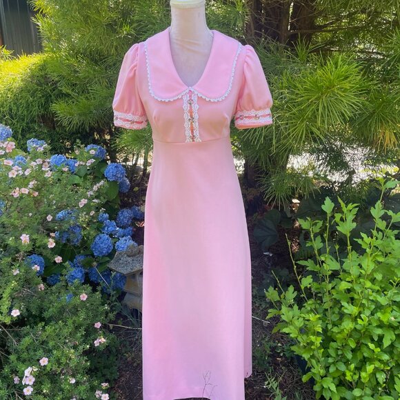 Vintage 1970s Pink Puff Sleeve Maxi Dress w/ Lace Trim – Cottagecore/Victorian - Picture 1 of 6